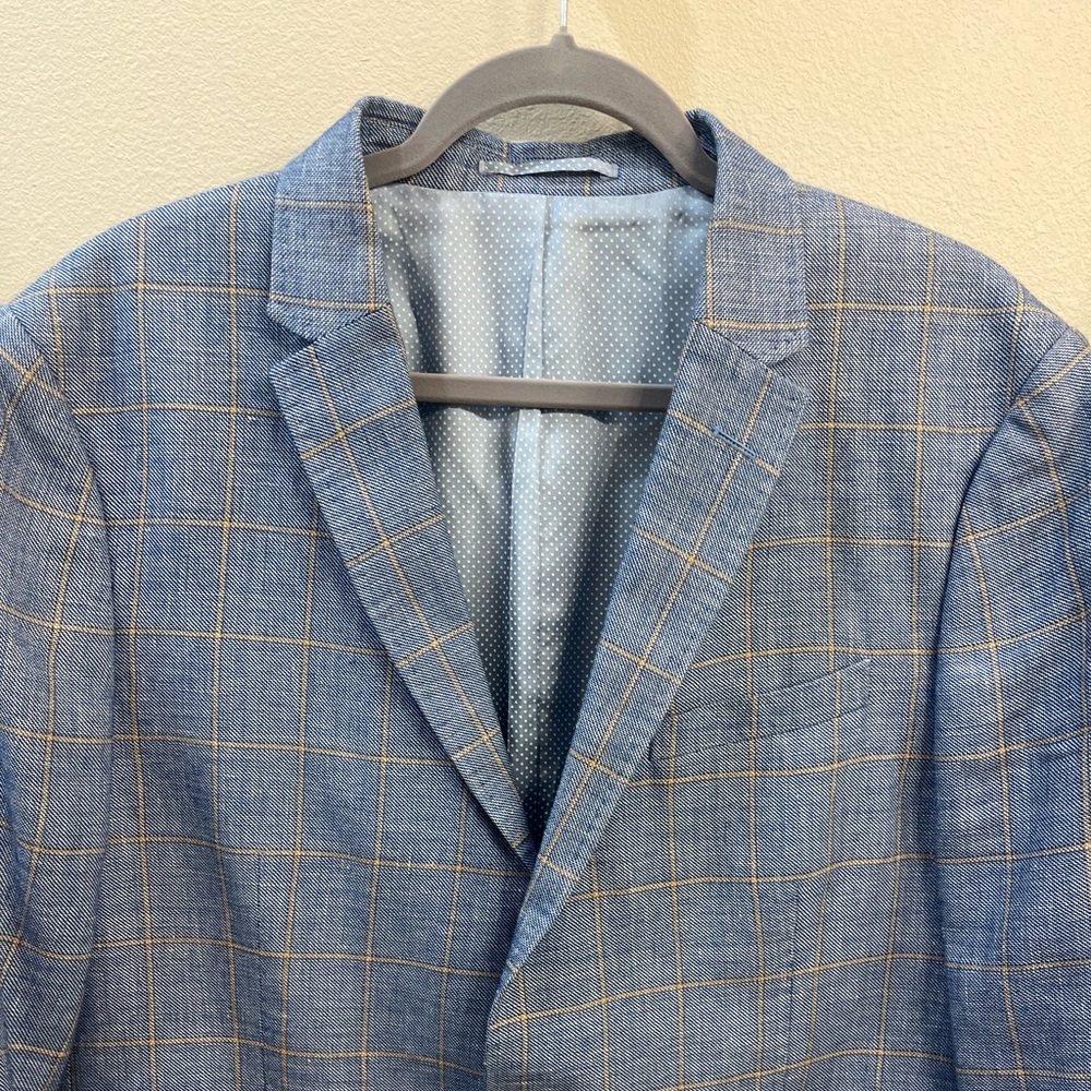 SAND Blazer Sz 46US Angelico Wool Linen Blue Windowpane Plaid Sport Coat - Picture 2 of 11